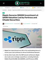 Ripple Secures $500M Investment at $40B Valuation Led by Fortress and Citadel Securities - Crypto News Flash