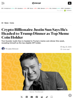 Crypto Billionaire Justin Sun Says He's Headed to Trump Dinner as Top Meme Coin Holder - Decrypt