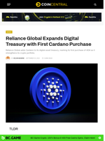 Reliance Global Expands Digital Treasury with First Cardano Purchase