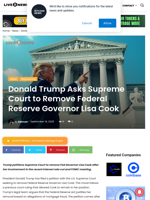 Trump Asks Court to Remove Federal Reserve Governor