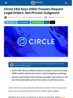 Circle CEO Says USDC Freezes Require Legal Orders, Not Private Judgment