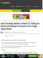 Hemi Launching Mainnet on March 12, Uniting the Bitcoin and Ethereum Ecosystems Into a Single Supernetwork