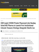GSR Leads $100M Private Placement into Nasdaq-listed MEI Pharma to Launch First Institutional Litecoin Treasury Strategy Alongside Charlie Lee