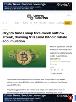 Crypto funds snap five-week outflow streak, drawing $1B amid Bitcoin whale accumulation
