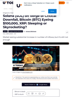 Solana (SOL) on Verge of Critical Downfall, Bitcoin (BTC) Eyeing $100,000, XRP: Sleeping or Skyrocketing?
