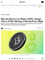 Bitcoin Shorts Get Rekt as BTC Jumps Above $75K, Hitting 2-Month Price High - Decrypt