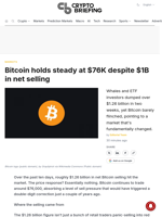 Bitcoin holds steady at $76K despite $1B in net selling