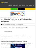 $3.1 Billion in Crypto Lost in 2025's Painful First Half: Hacken