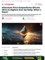 Ethereum Price Outperforms Bitcoin (BTC) in Highest Ever Q3 Rally: What’s Next? - Coinspeaker