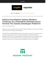 Solana Foundation Selects Modern Treasury as a Payments Infrastructure Partner for Solana Developer Platform