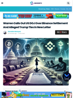 Warren Calls Out US DOJ Over Binance Settlement And Alleged Trump Ties In New Letter