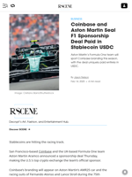 Coinbase and Aston Martin Seal F1 Sponsorship Deal Paid in Stablecoin USDC - Decrypt