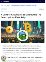 4 Coins to Accumulate as Ethereum (ETH) Gears Up for a 250% Rally