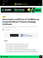 Strive Adds 113 BTC for $7.75 Million as Corporate Bitcoin Treasury Strategy Continues