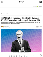 BitMEX Co-Founder Ben Delo Reveals $5.4M Donation to Farage’s Reform UK - Decrypt
