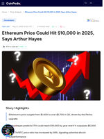 Ethereum Price Could Hit $10,000 in 2025, Says Arthur Hayes