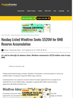 Nasdaq-Listed Windtree Seeks $520M for BNB Reserve Accumulation