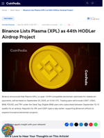 Binance Lists Plasma (XPL) as 44th HODLer Airdrop Project