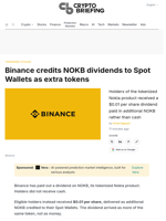 Binance credits NOKB dividends to Spot Wallets as extra tokens