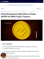 China Renaissance Bank Plans to Raise $600M for BNB Crypto Treasury