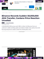 Binance Records Sudden 50,000,000 ADA Transfer, Cardano Price Reaction Unveiled - U.Today