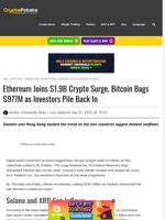 Ethereum Joins $1.9B Crypto Surge, Bitcoin Bags $977M as Investors Pile Back In