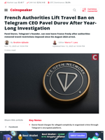 French Authorities Lift Travel Ban on Telegram CEO Pavel Durov After Year-Long Investigation - Coinspeaker