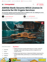 AMINA Bank Gets MiCA Approval in Austria