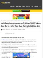 MultiBank Group Announces 7 Million $MBG Tokens Sold Out in Under One Hour During Initial Pre-Sale