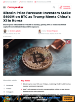 Bitcoin Price Forecast: Investors Stake $400M on BTC as Trump Meets China’s Xi in Korea - Coinspeaker