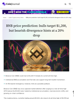 BNB price prediction: bulls target $1,200, but bearish divergence hints at a 20% drop - CoinJournal
