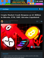 Crypto Market Crash Deepens as $1 Billion in Bitcoin, ETH, XRP, Altcoins Liquidated