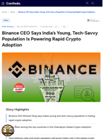 Binance CEO Says India’s Young, Tech-Savvy Population Is Powering Rapid Crypto Adoption
