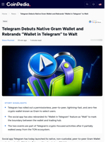 Telegram Debuts Native Gram Wallet and Rebrands “Wallet in Telegram” to Walt