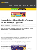 Exchange Inflows at Lowest Level in a Decade as BTC Hits New Highs: CryptoQuant