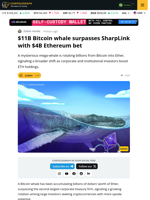 $11B Bitcoin whale amasses $4B Ether, surpasses SharpLink's $3.5B holdings