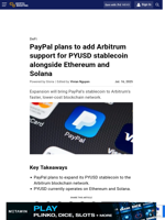 PayPal plans to add Arbitrum support for PYUSD stablecoin alongside Ethereum and Solana