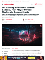50+ Gaming Influencers Launch Gallaxia, First Player-Owned Blockchain Gaming Studio - Coinspeaker