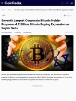 Seventh Largest Corporate Bitcoin Holder Proposes 4.2 Billion Bitcoin Buying Expansion as Saylor Sells