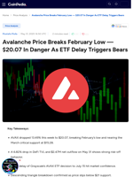 Avalanche Price Breaks Feb Low ,$20.07 in Danger as ETF Delay