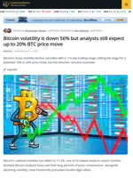 Bitcoin Volatility Drops 56% As Analysts Watch For 20% Price Move