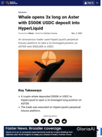 Whale opens 3x long on Aster with $500K USDC deposit into HyperLiquid