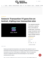 Solana's Transaction V1 goes live on testnet, tripling max transaction size