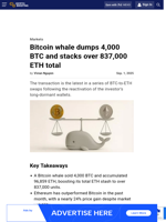 Bitcoin whale dumps 4,000 BTC and stacks over 837,000 ETH total