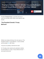 Trump's $300 Million White House Ballroom Could Soon Bear A Very Familiar Name  - Benzinga