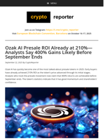 Ozak AI Presale ROI Already at 210%—Analysts Say 400% Gains Likely Before September Ends