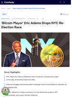 ‘Bitcoin Mayor’ Eric Adams Drops NYC Re-Election Race