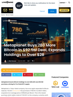 Metaplanet Buys 780 More Bitcoin in $92.5M Deal, Expands Holdings to Over $2B | Live Bitcoin News