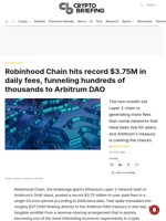 Robinhood Chain hits record $3.75M in daily fees, funneling hundreds of thousands to Arbitrum DAO