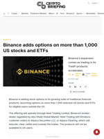 Binance adds options on more than 1,000 US stocks and ETFs